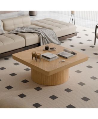 Streamdale 34.6" Square Coffee Table, Modern Wood Veneer Top with Parquet Pattern & Cylindrical Base