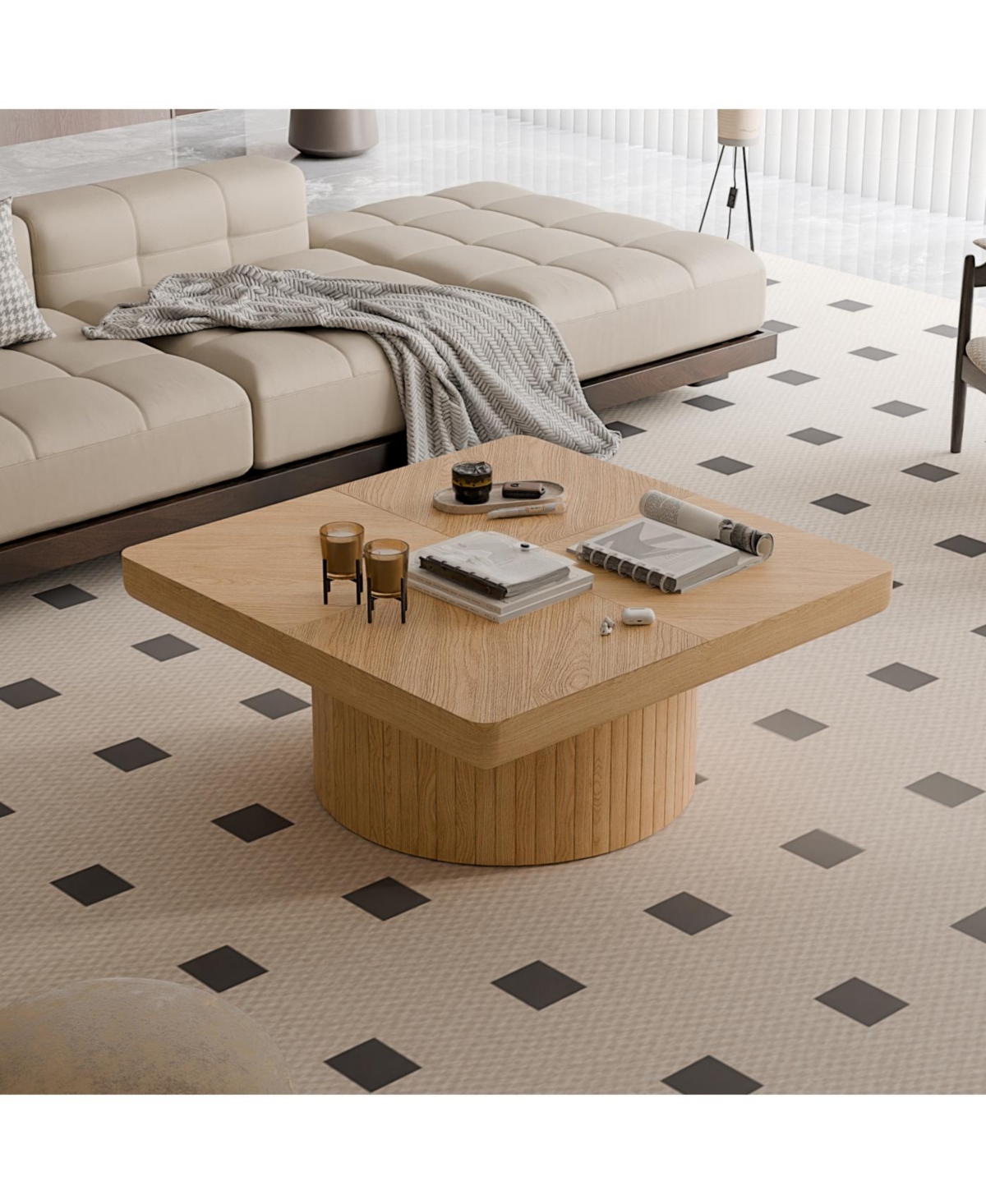 Streamdale Furniture Streamdale 34.6" Square Coffee Table, Modern Wood Veneer Top with Parquet Pattern & Cylindrical Base