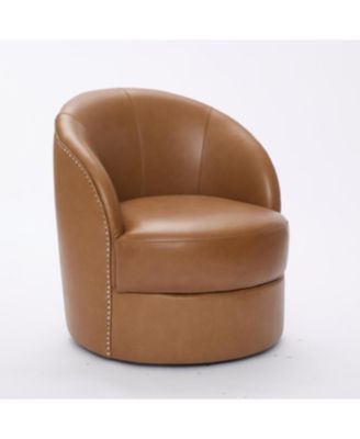 Light Brown Leather Swivel Chair, Mid-Century Modern Lounge Chair