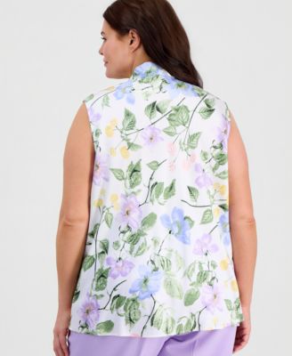 Plus Size Floral Sleeveless Bias Bow Blouse