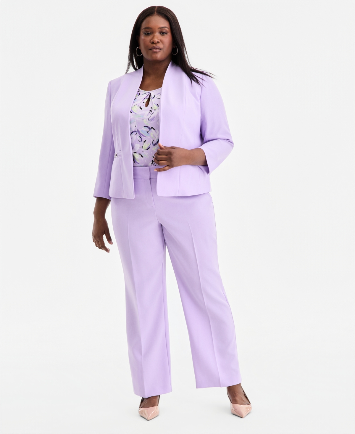 Kasper Plus 3/4-Sleeve Seamed Crepe Open-Front Jacket