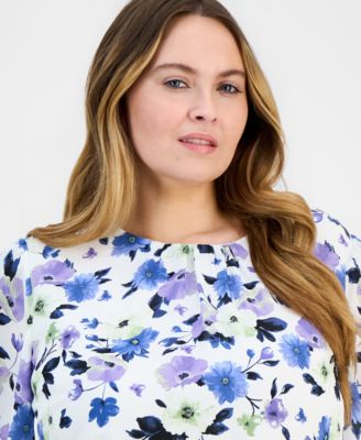 Plus Size Placed-Floral Tulip-Sleeve Blouse