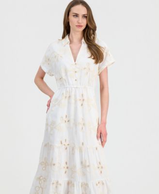 Women's Embroidered Short-Sleeve Midi Dress