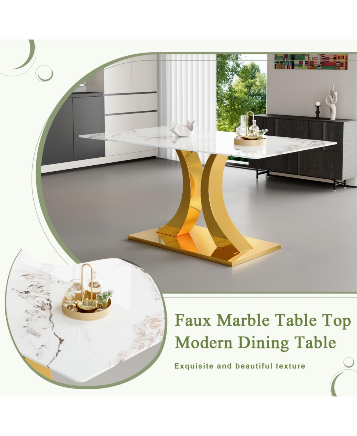 Streamdale Furniture Marble-Veined Glass Dining Set w/ Gold Accents: 63" Table & 6 U-Shaped Armchairs