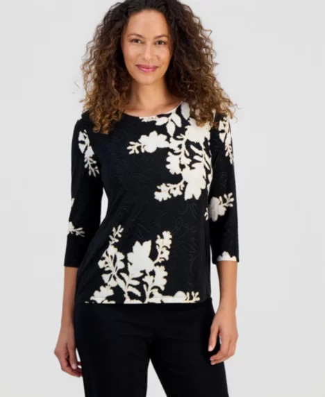 Petite Cameron Floral 3/4-Sleeve Jacquard Top - Deep Black