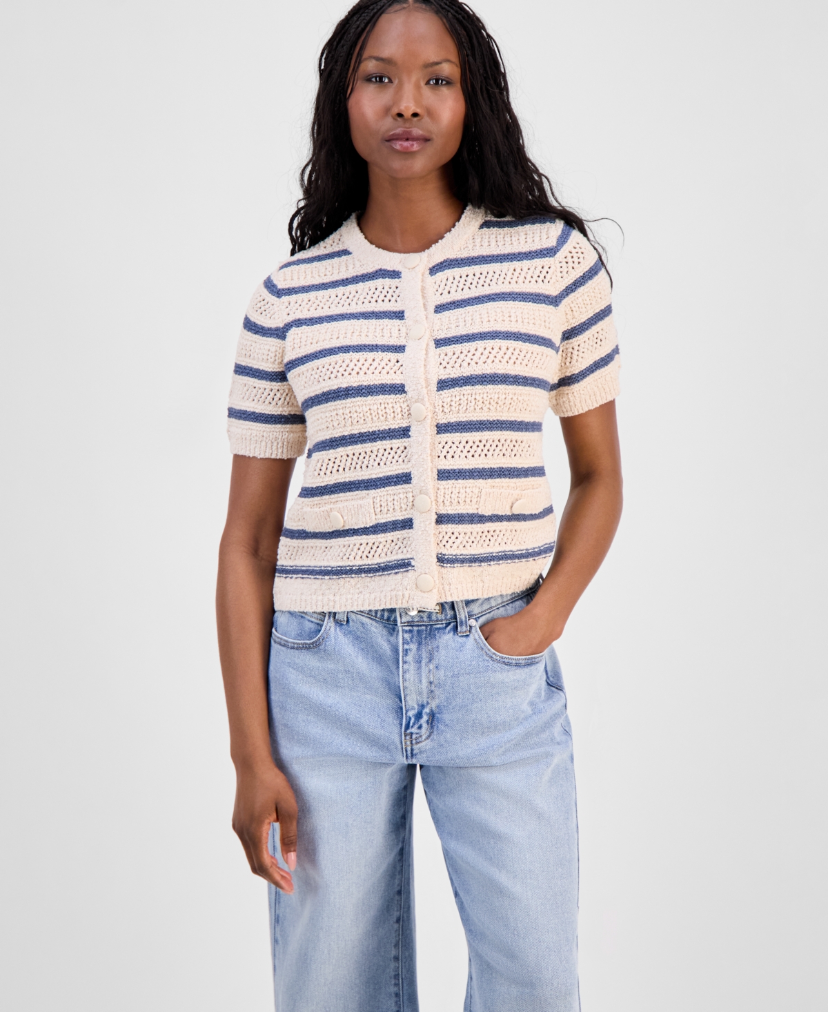 And Now This Petite Striped Short-Sleeve Cardigan, Macy's Exclusive