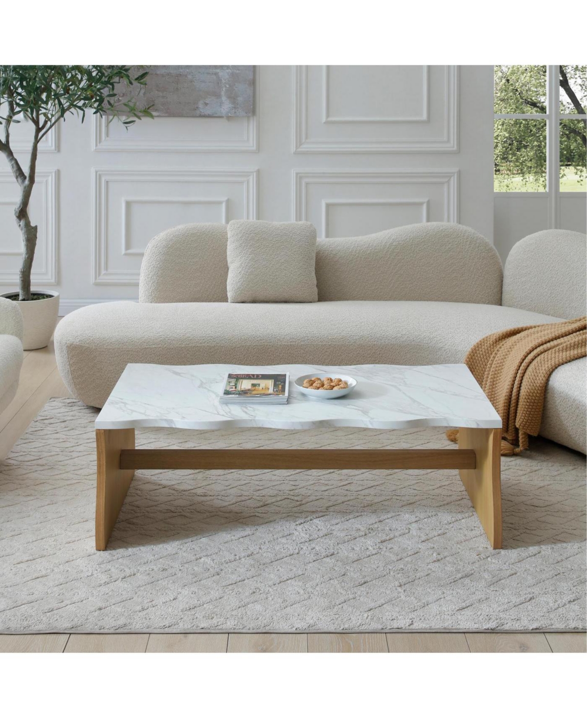 Streamdale Furniture Streamdale Whisper of Waves Modern Coffee Table, White Faux Marble & Solid Wood Base