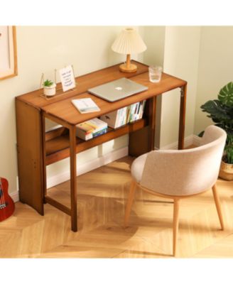 Bamboo Folding Desk - Space-Saving Computer Desk for Small Spaces (Brown)