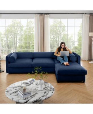 Elegant Blue Chenille L-Shaped Sofa with Storage and Ottoman