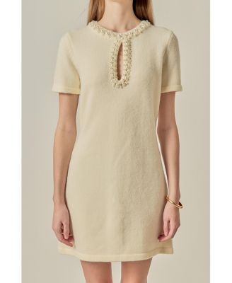 Women's Pearl & Rhinestone Key Hole Knit Mini Dress