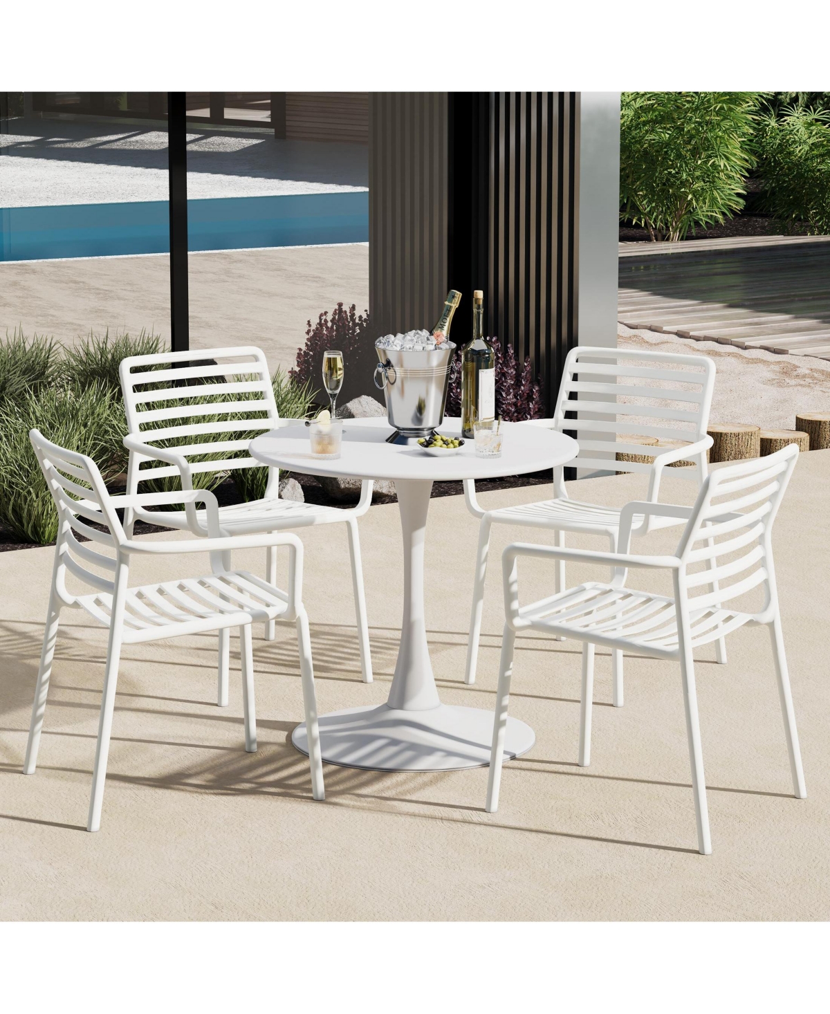 WestinTrends 5-Piece Indoor Outdoor Metal Patio Dining Table Set With Stackable Plastic Patio Arm Chairs