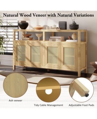 TREXM Bohemian Rattan Buffet Cabinet with Solid Wood Frame 3-Position Shelves and Push-to-Open Design