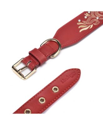Western Style Full Grain Genuine Leather Embroidered Dog Collar with Pearl or Turquoise Studs