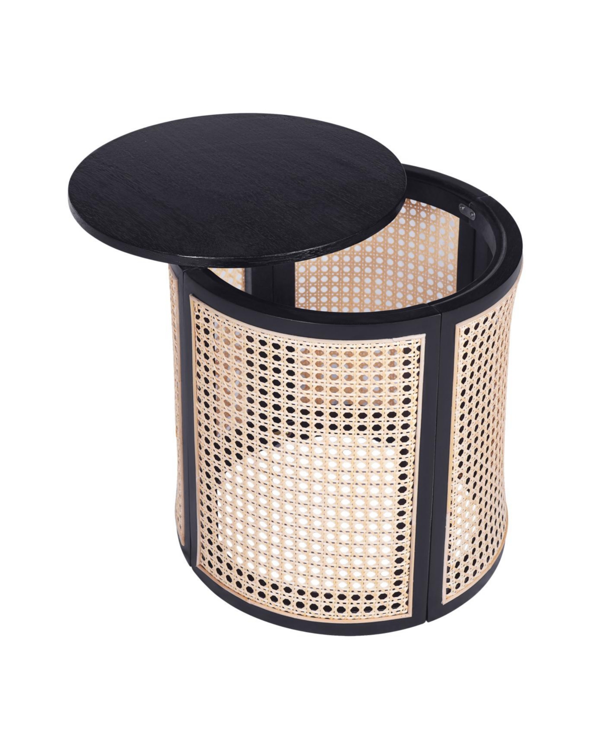 Streamdale Furniture 15.70" Round End Table, Woven Side Rubber Wood Nightstand, Rattan Tea Desk, Black