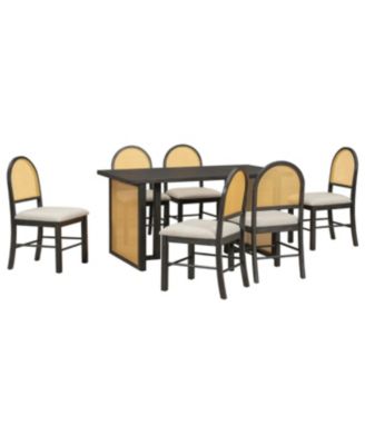 7-Piece Farmhouse Dining Set for 6 - 59.8" Distressed Oak Table & 6 Rattan Chairs