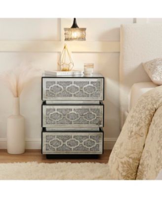 Mirrored Bedside Nightstand with 3 Drawers, Silver Accent End Table