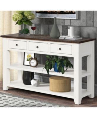 48" Solid Pine Wood Top Console Table with 3 Drawers & 2 Shelves (Antique White/Brown)