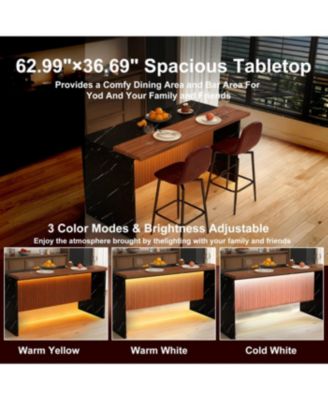  63-inch Modern Kitchen Island Set with 2 Bar Stools - Black Marble Look, LED Lighting & Grill