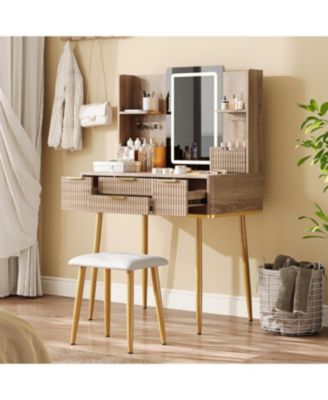 Streamdale 4-Drawer Vanity Desk with LED Mirror & Carved Details, Makeup Table with Stool