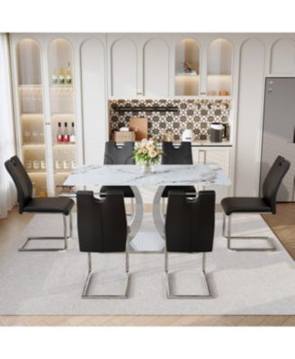 Switchable Mode Stainless Steel Legs Dining Set: White Glass Top & 6 Black Armchairs
