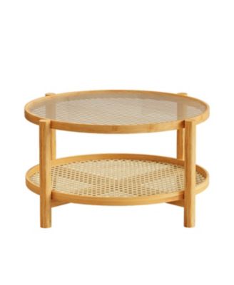 Rattan Coffee Table with Glass Top and Storage Shelf, Modern Round