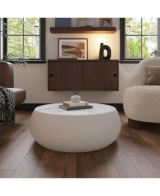  Light Marble Top Leather Drum Coffee Table for Living Room