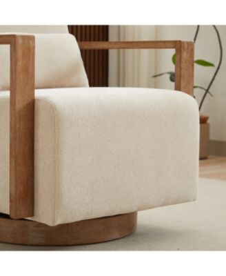 Modern Upholstered Swivel Accent Chair with Solid Wood Armrests - Beige