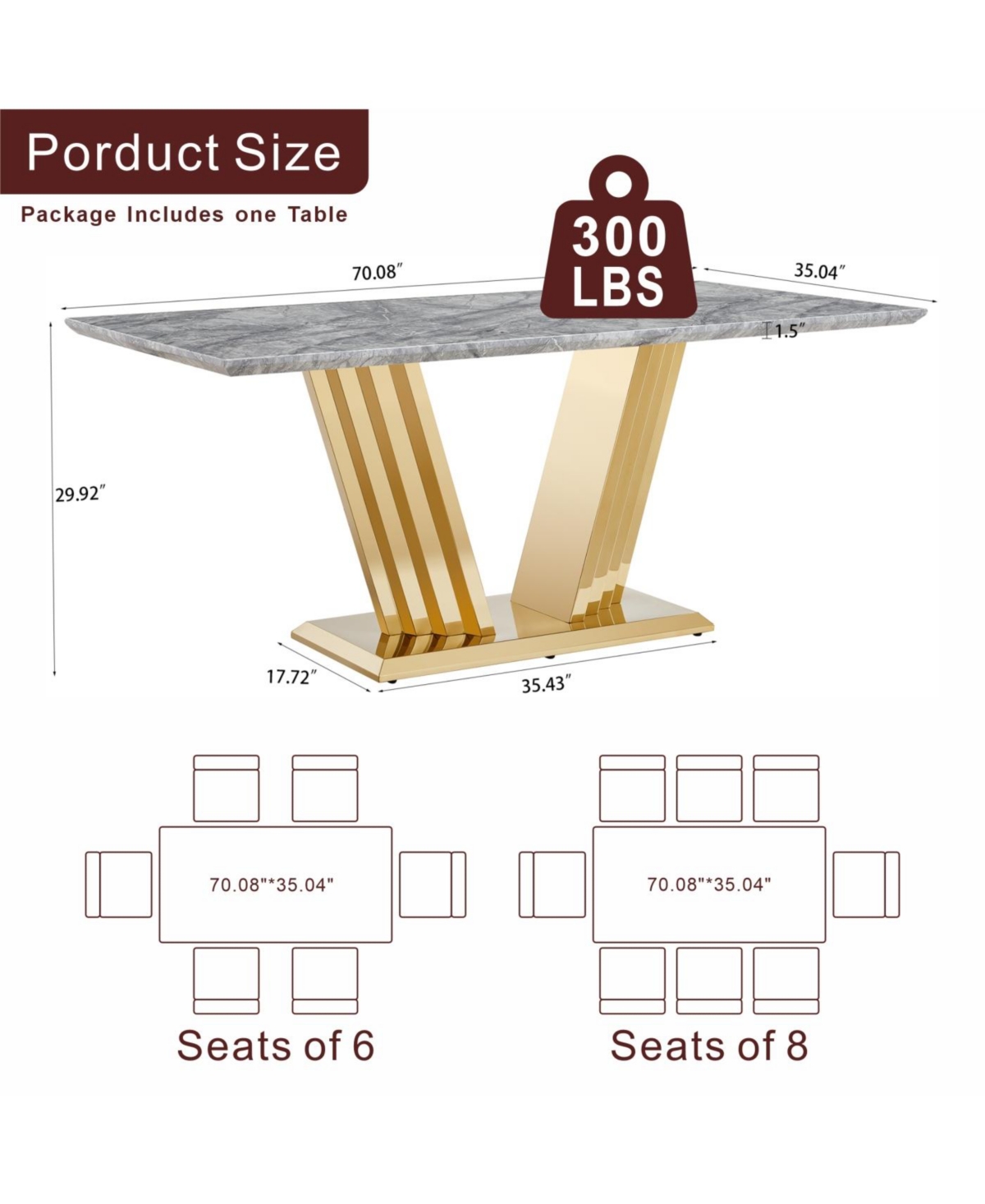 Streamdale Furniture Marble Dining Table for 6, 70" Rectangle Faux Marble w/Mirrored Stainless Steel Base (Gold, Grey)