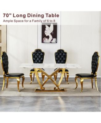  Marble Dining Table for 6, 70" Faux Marble Rectangle Table with Mirrored Stainless Steel Base (Gold, White)
