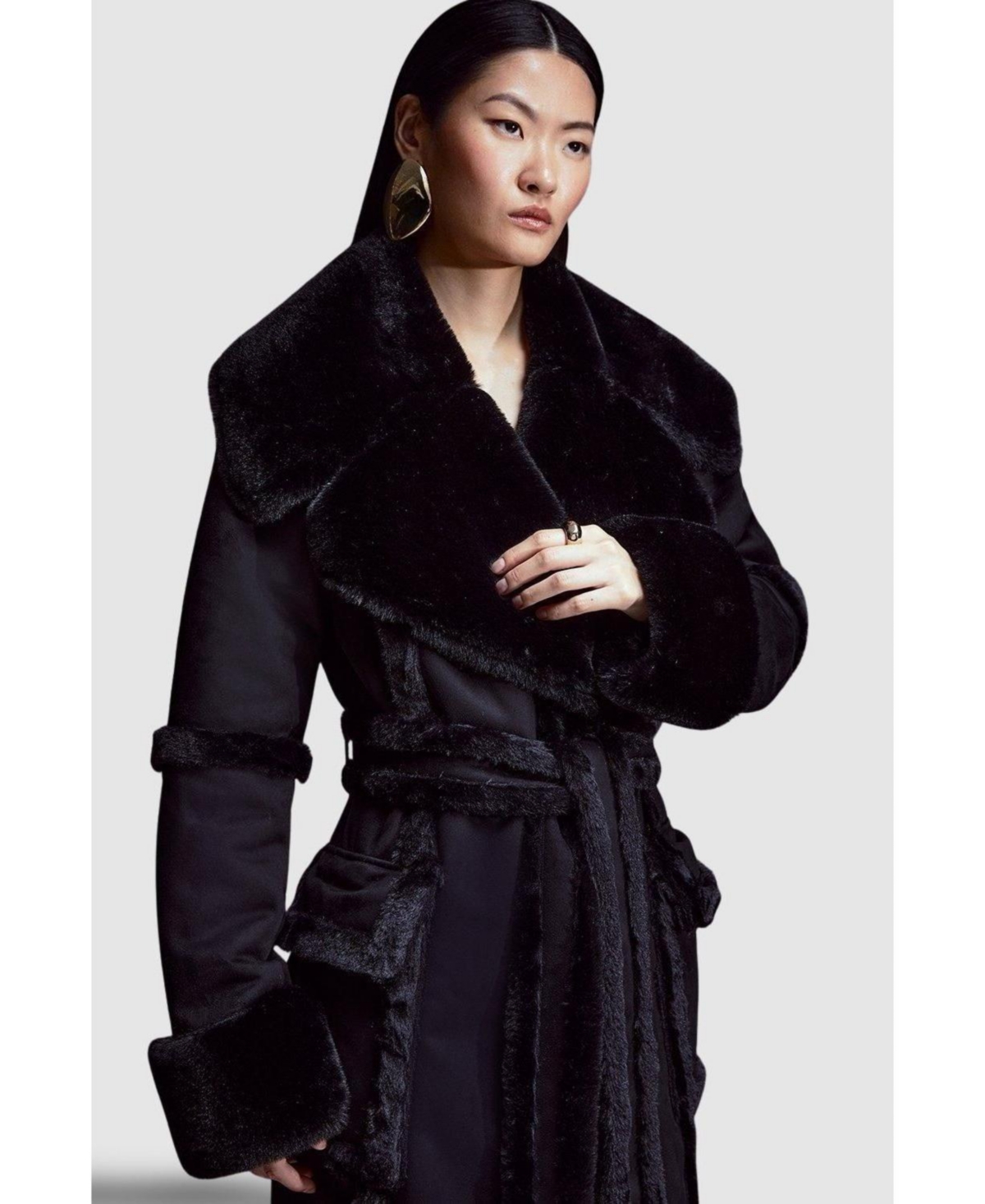 Karen Millen Women's Faux Shearling Belted Maxi Coat