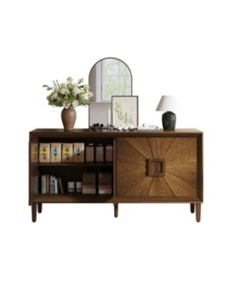 Streamdale Rustic Farmhouse Credenza - Sunburst Doors, Adjustable Shelves (Antique Brown