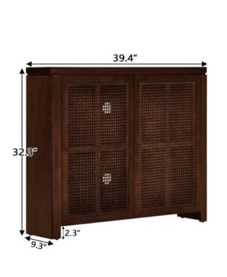 Mid Century Modern Rattan Sideboard Buffet Cabinet with 2 Outlets, Walnut