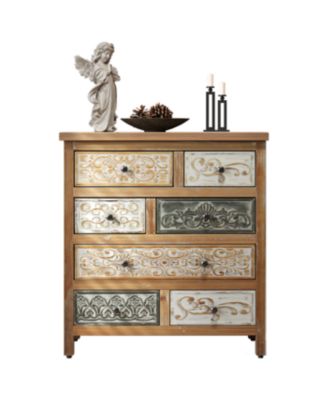 Vintage Wooden 6-Drawer Accent Chest - Rustic Multicolor Carved Storage Dresser