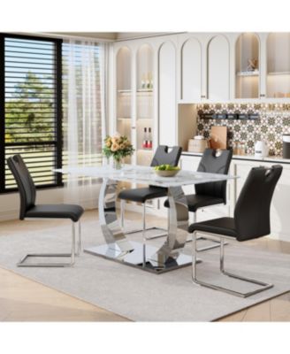  Switchable Mode Stainless Steel Legs Dining Set: White Glass Top & 4 Armchairs