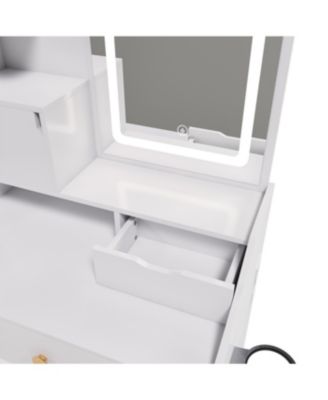 Streamdale 3-Color LED Vanity Mirror with Stool & Pink Dressing Table, 2 Drawers, 5 Cabinets