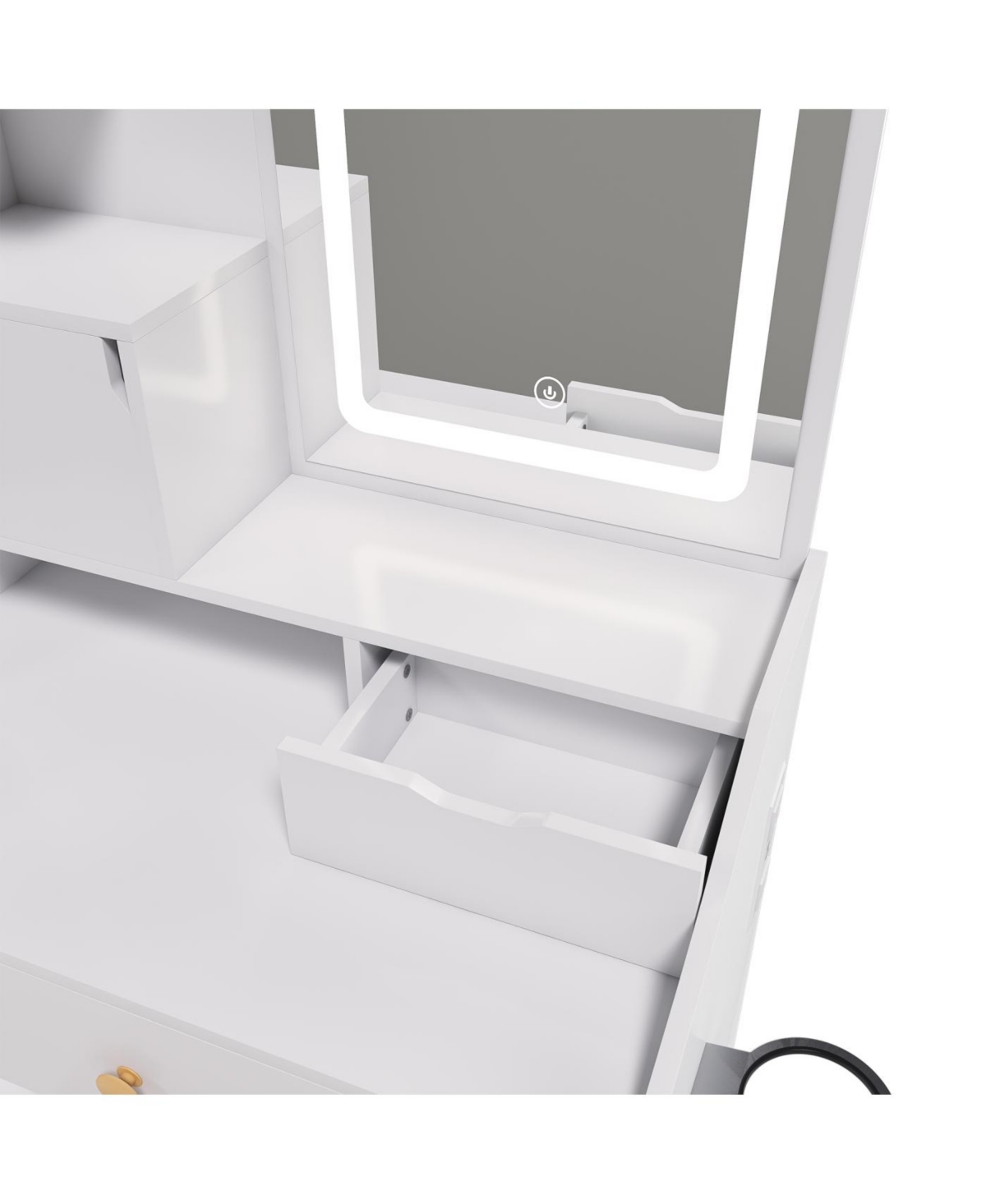 Streamdale Furniture Streamdale 3-Color Led Vanity Mirror with Stool & Pink Dressing Table, 2 Drawers, 5 Cabinets