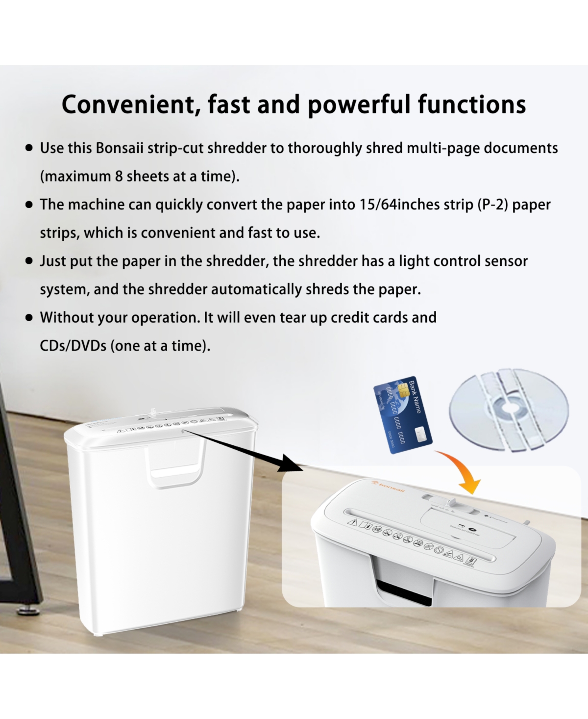 Bonsaii 8-Sheet Strip-Cut Shredder, High Security, Shreds Cd/Credit Card, 3.4 Gal Bin, Overheat Protection, Low Noise, Ideal for Home Office, White