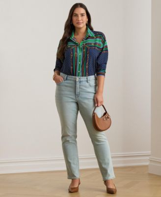 Plus Size Point Collared Belting & Polka-Dot Shirt