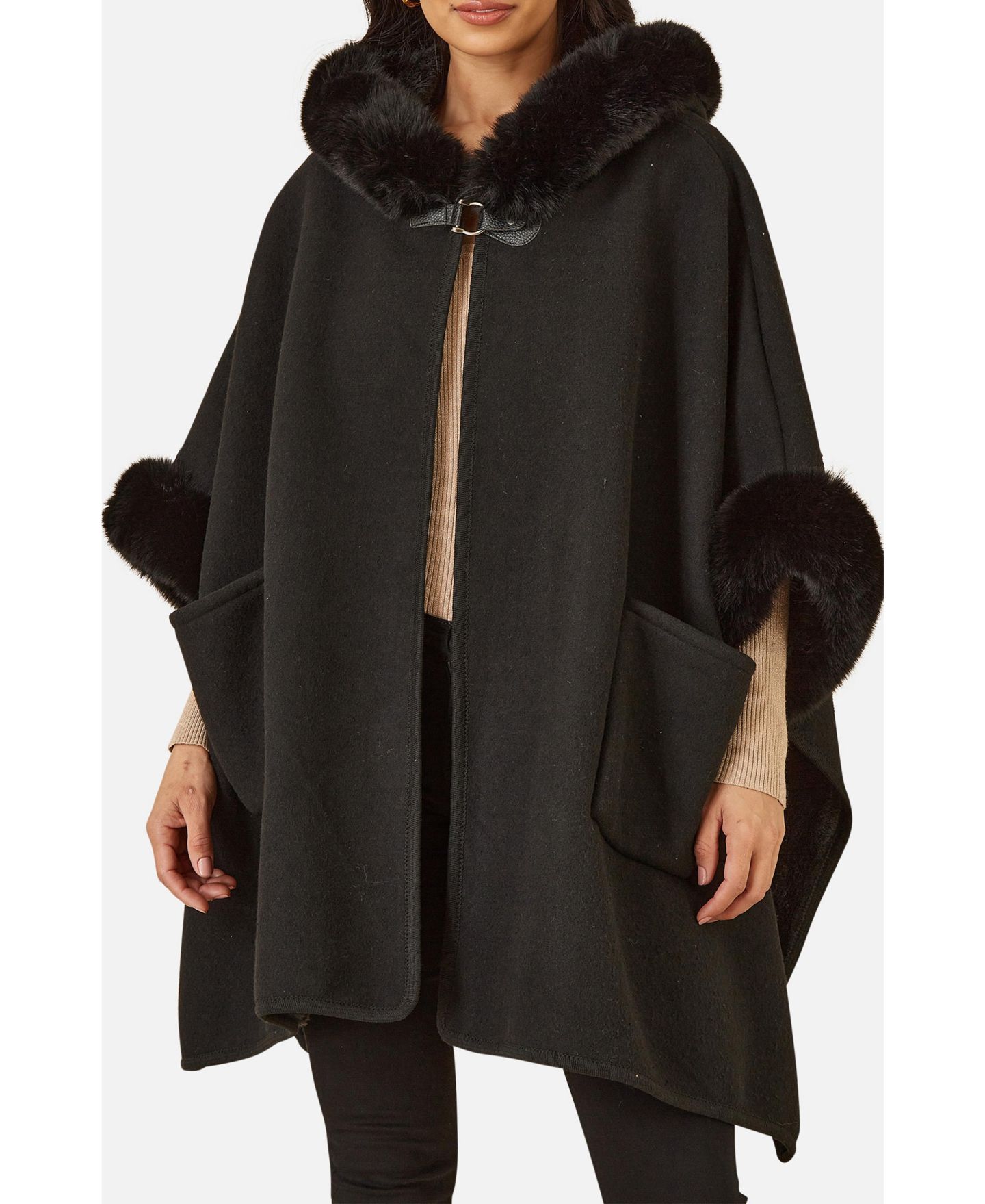 Женская куртка Yumi Hooded Fur Cape, цвет: Чёрный — фото 6