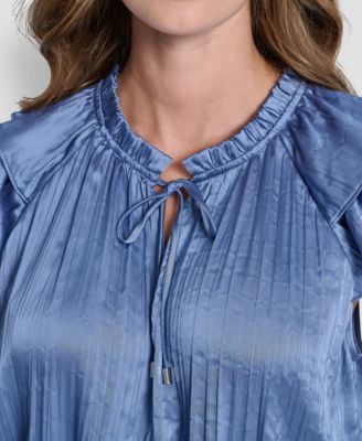 Women's Short-Sleeve Pleated Tie Front Blouse