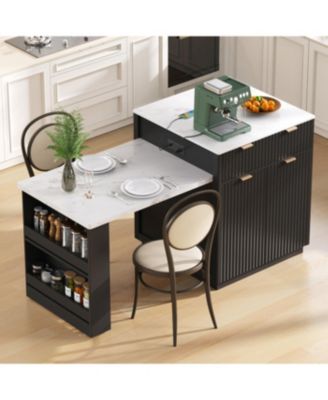 Fluted Kitchen Island with Extendable Dining Table, Power Outlet & Storage