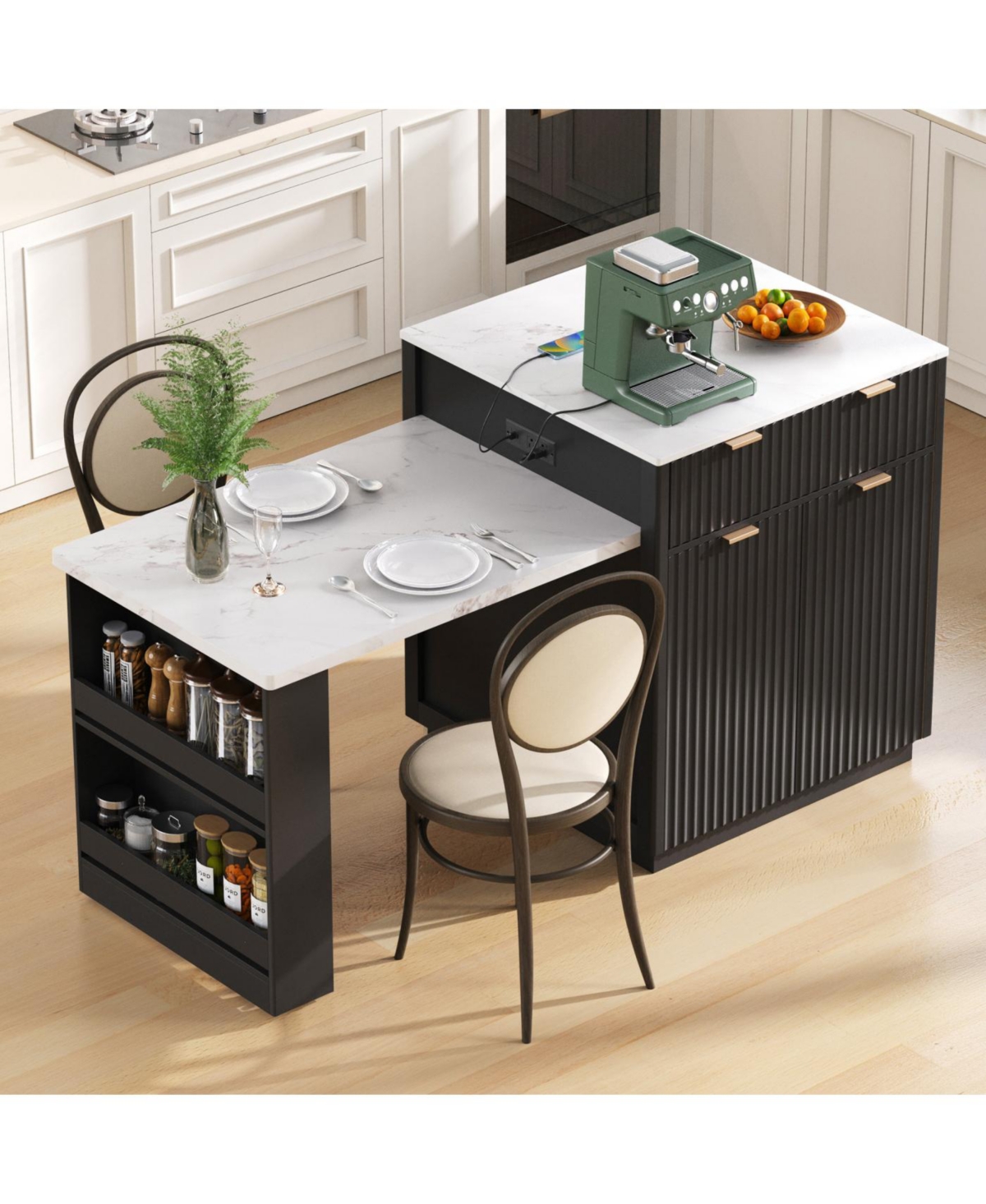 Streamdale Furniture Fluted Kitchen Island with Extendable Dining Table, Power Outlet & Storage