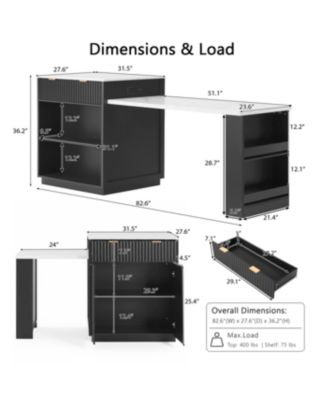 Fluted Kitchen Island with Extendable Dining Table, Power Outlet & Storage