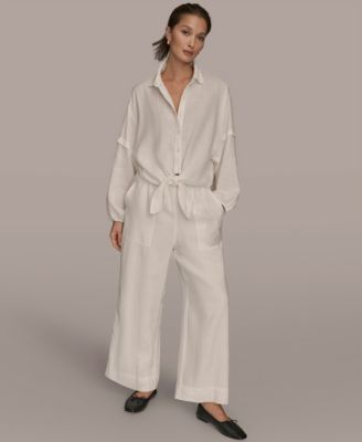 Women's Linen Long Blouson Sleeve Button Adjustable Tie Shirt