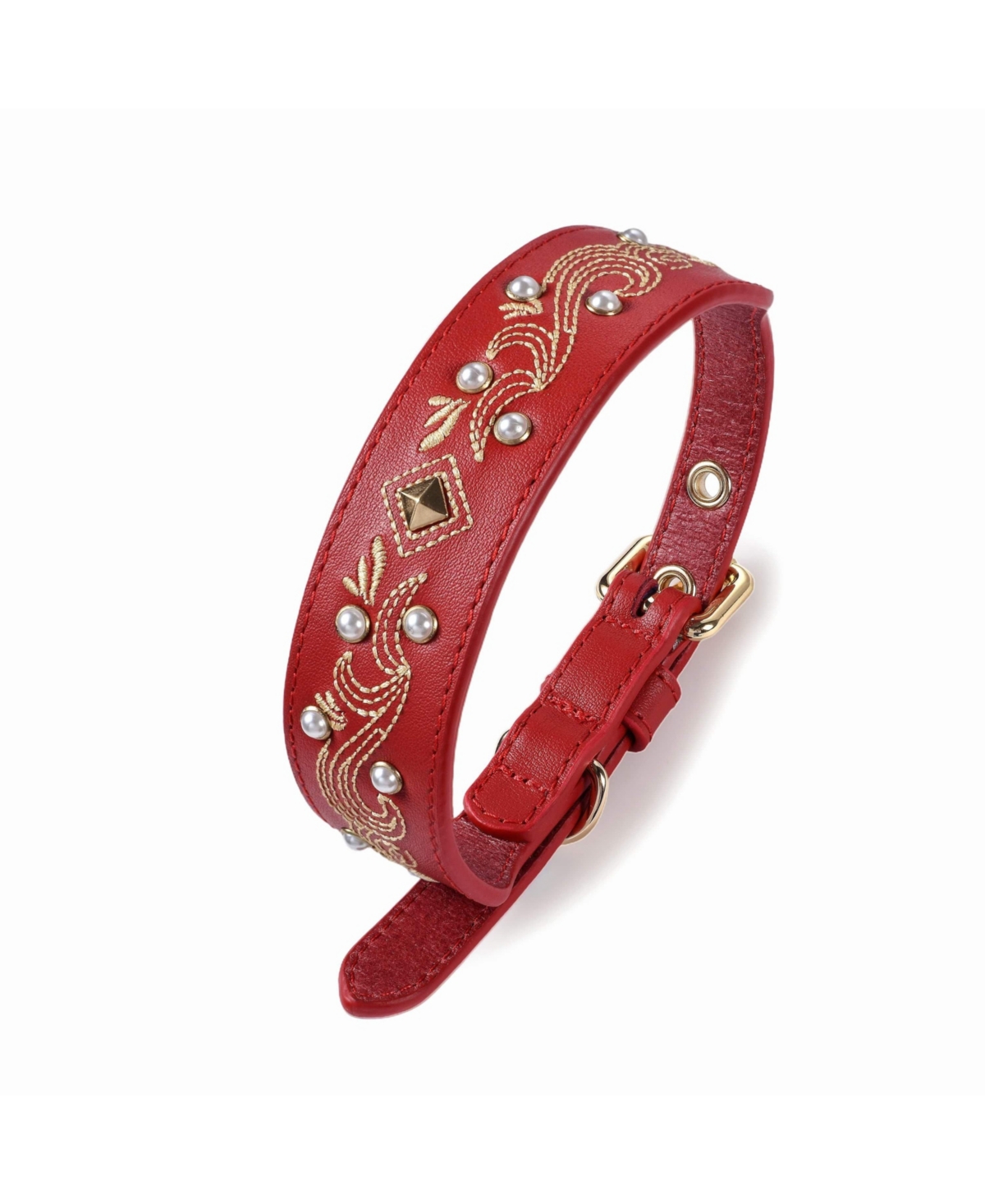 Blueberry Pet Western Style Full Grain Genuine Leather Embroidered Dog Collar with Pearl or Turquoise Studs