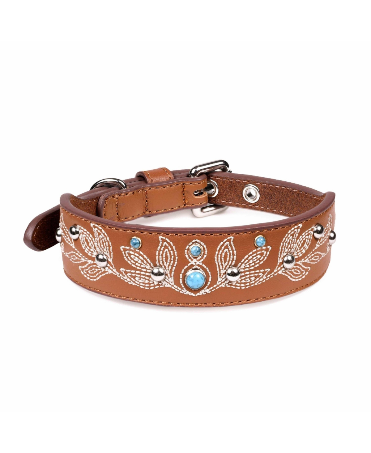 Blueberry Pet Western Style Full Grain Genuine Leather Embroidered Dog Collar with Pearl or Turquoise Studs