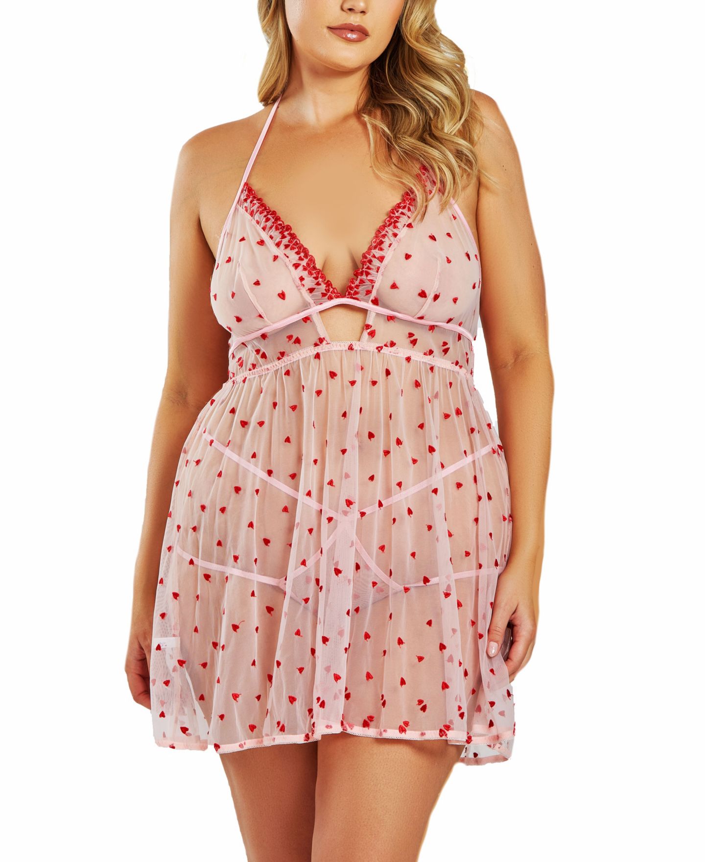iCollection Plus Size Hearts and Lace Babydoll Lingerie Set, цвет: Розовый — фото 1