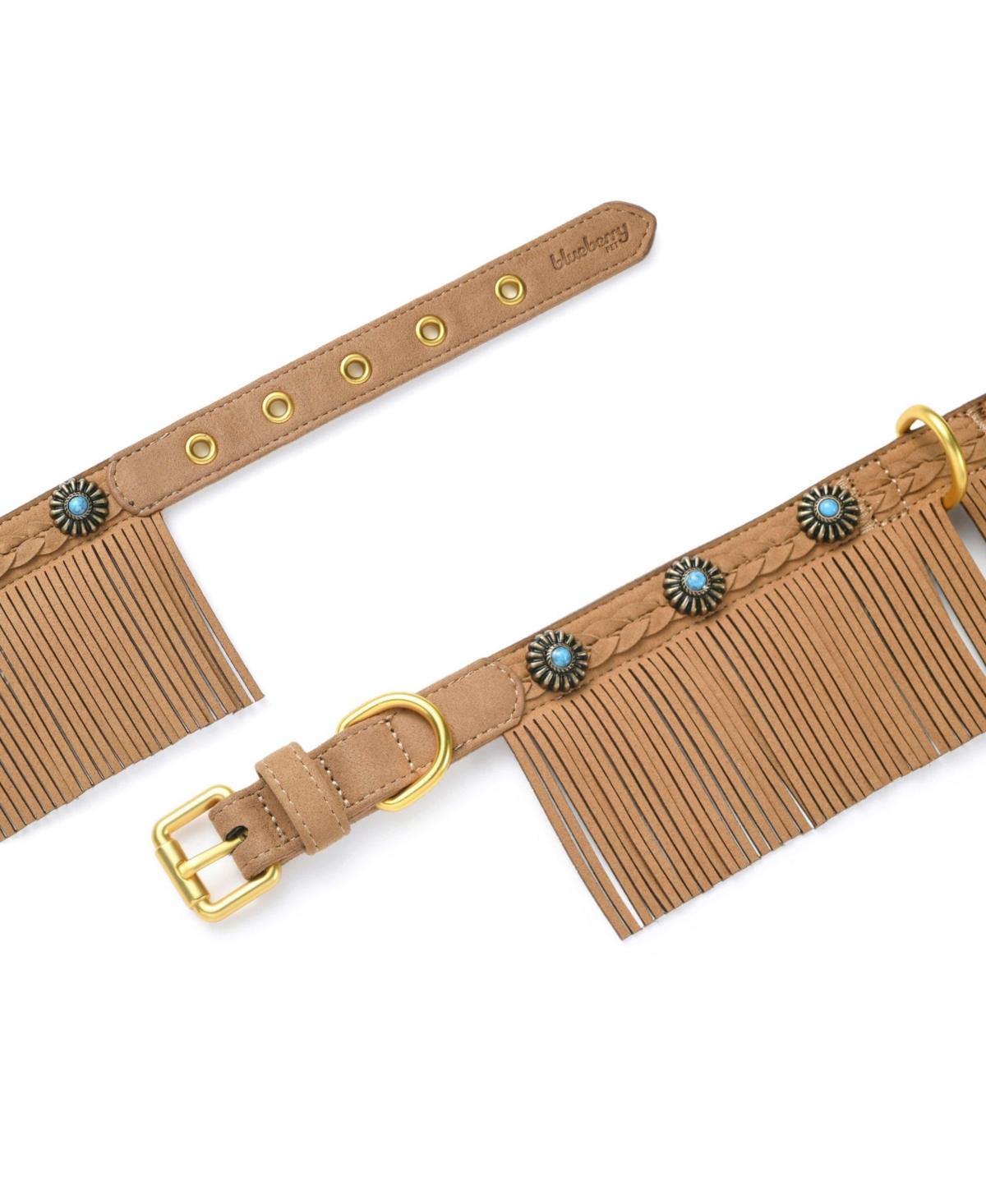 Blueberry Pet Silver-Powered Freshness Microfiber Suede Dog Collar Midnight Black– Fringed Style with Turquoise Studs