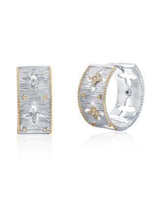 Suzy Levian Sterling Silver Cubic Zirconia Brushed Italian Florentine Huggie Hoop Earrings