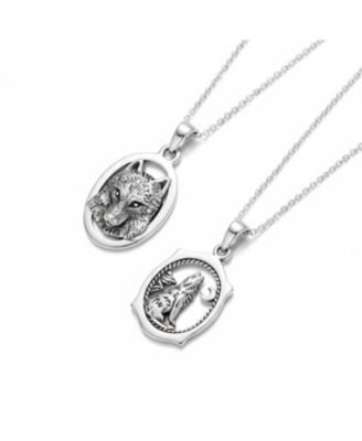 Set of 2 Celestial Werewolf Wicca Oval Animal Totem with Moon & Stars Pendant Necklace Oxidized Sterling Silver